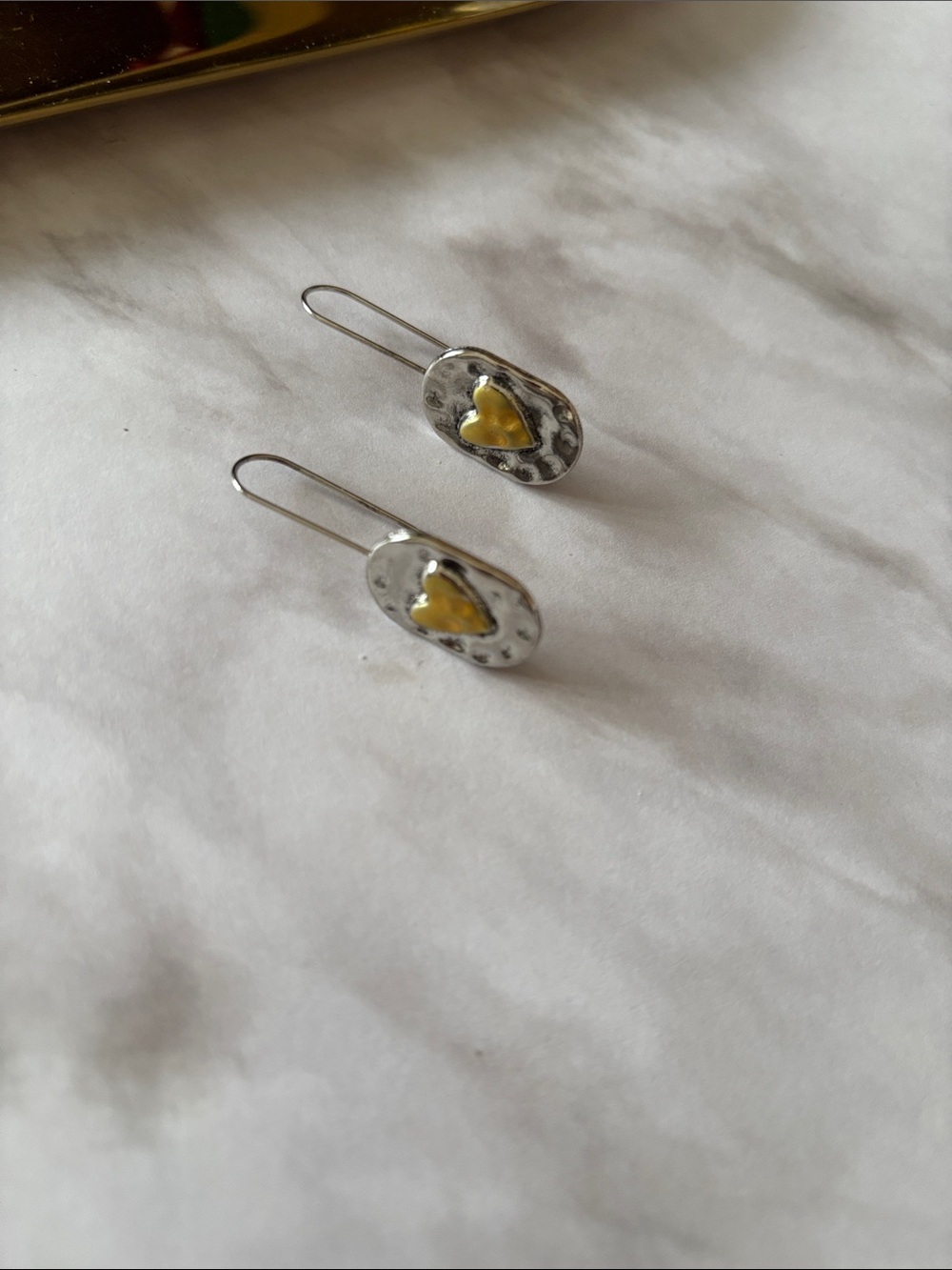 Sterling-Style Silver Drop Earrings with Gold Heart Accent